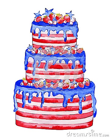 Large American cake with strawberries. Watercolor illustration isolated on white background Stock Photo