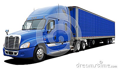 Large American modern truck Freightliner Cascadia completely blue. Stock Photo