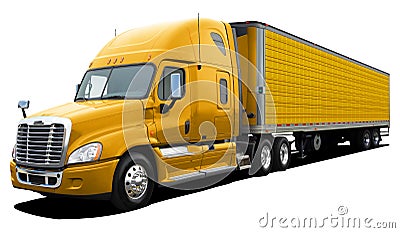 Large American modern truck Freightliner Cascadia completely yellow. Stock Photo