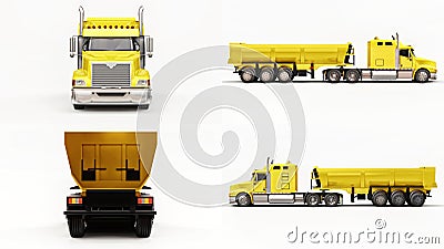Large American truck with a trailer type dump truck for transporting bulk cargo on a white background. 3d illustration. Cartoon Illustration