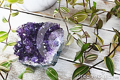 Large Amethyst Cluster and White Sage Bundle Stock Photo