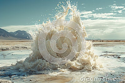 A large amount of water splashes forcefully into a body of water, creating waves and mist Stock Photo