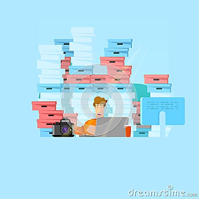 Large amount of work vector illustration. Busy overworked man sitting at table with laptop and pile of papers in office flat style Cartoon Illustration