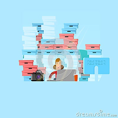 Large amount of work vector illustration. Busy overworked woman sitting at table with laptop and pile of papers in office flat Cartoon Illustration