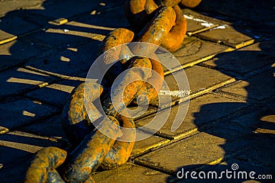 large anchor chain on deck of battleship Stock Photo