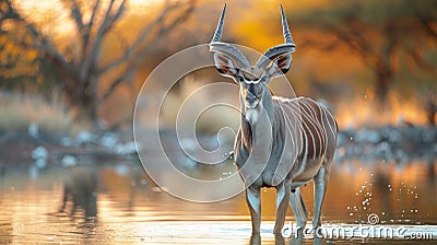Large antelope with long horns in water Stock Photo