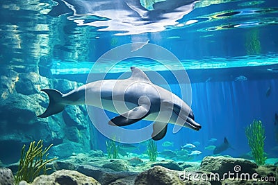 large aquarium tank hosting a playful dolphin Stock Photo