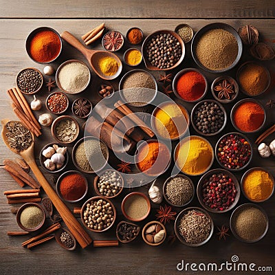 Large array of different spices on table top Stock Photo