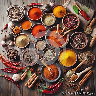 Large array of different spices on table top Stock Photo