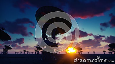Large Array Radio Telescope. Time-lapse of a radio telescope in desert at sunrise against the blue sky. 3D Rendering Stock Photo