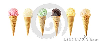 Large assortment of ice cream cone flavors isolated on white Stock Photo