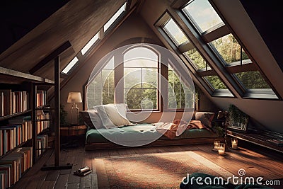 large attic room with cozy reading nook, plush pillows, and a view of the outside world Stock Photo