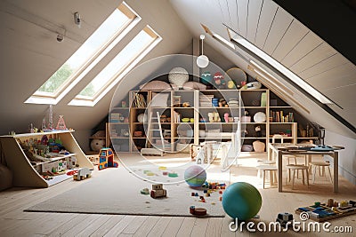 large attic room decked out as playroom with colorful toys, games, and books Stock Photo