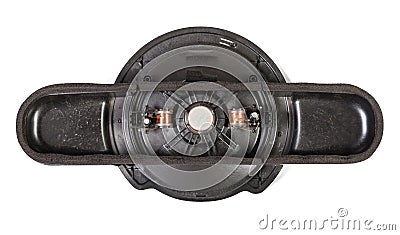 Large audio speaker subwoofer for low-frequency music in a car on a white background. Hard bass sound Stock Photo