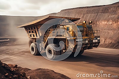 Large Autonomous Driverless Powerful Electric Drive Mining Truck in Open Pit. Generative ai Cartoon Illustration