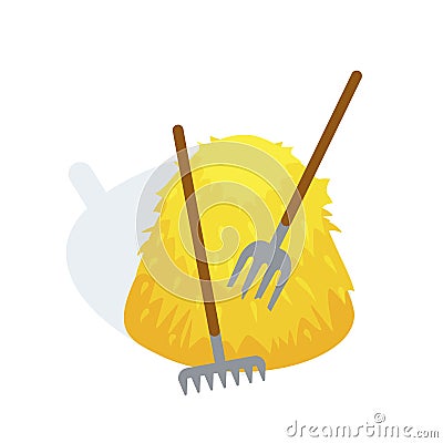 Large bale of hay after haymaking, with rakes and forks. Vector Illustration