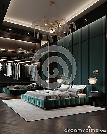 A large bed sitting in a bedroom next to a walk in closet Stock Photo