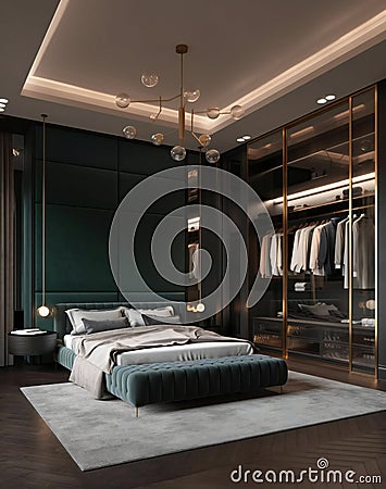 A large bed sitting in a bedroom next to a walk in closet Stock Photo