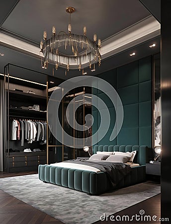 A large bed sitting in a bedroom next to a walk in closet Stock Photo