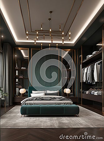 A large bed sitting in a bedroom next to a walk in closet Stock Photo