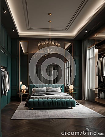 A large bed sitting in a bedroom next to a walk in closet Stock Photo