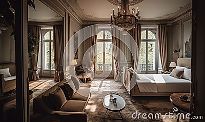 A large bedroom with a classic style bed and sitting next to the living room and filled with furniture. AI generated, Stock Photo