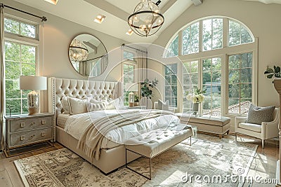Large bedroom, editorial style photography, tall ceiling, neutrals, mountain chateau, cozy luxury, bright, modern lighting AI Stock Photo