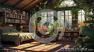 a large bedroom filled with plants, in the style of nature painter Stock Photo