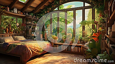 a large bedroom filled with plants, in the style of nature painter Stock Photo