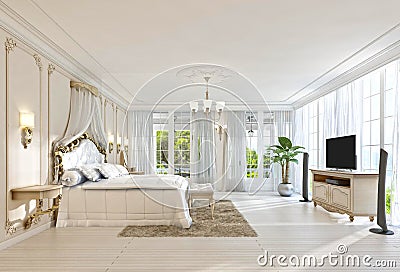 Large bedroom with panoramic Windows and beautiful views. Stock Photo