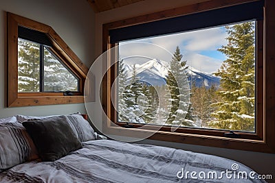 large bedroom window in a cabin offering snow-capped views Stock Photo