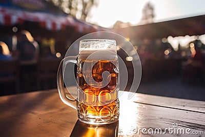 Large beer mug on table of outdoor fstival Stock Photo
