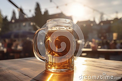 Large beer mug on table of outdoor fstival Stock Photo