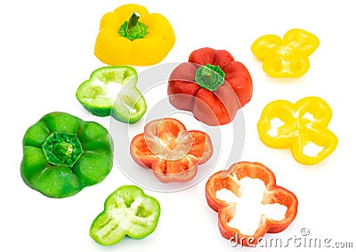 Large bell pepper red, green and yellow on white background Stock Photo