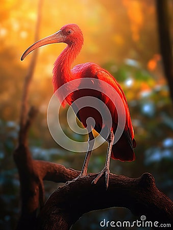 Large bird perched on top of branch in forest. This red-feathered bird is positioned near end of branch, with its beak facing Stock Photo