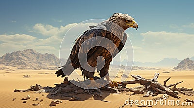 Eagle In The Desert: Unreal Engine Render With Hyper-realistic Sci-fi Elements Cartoon Illustration