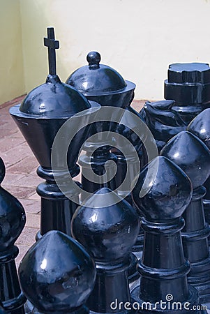 Large Black Chess Pieces Stock Photo