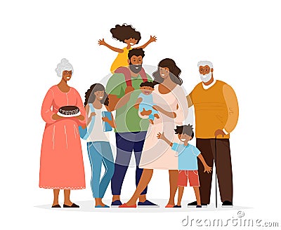 A large black family, different generations, children, parents, grandchildren, grandparents. Loving relatives hug and Vector Illustration