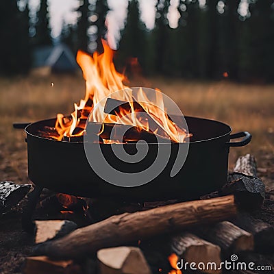 A large black pot containing a roaring fire, with a pile of wood logs nearby Cartoon Illustration