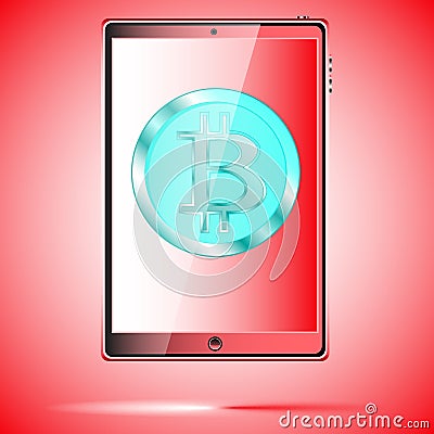 A large black realistic mobile smart touch-sensitive slim tablet computer with a blue coin bitcoin, a crypto-currency on the displ Cartoon Illustration