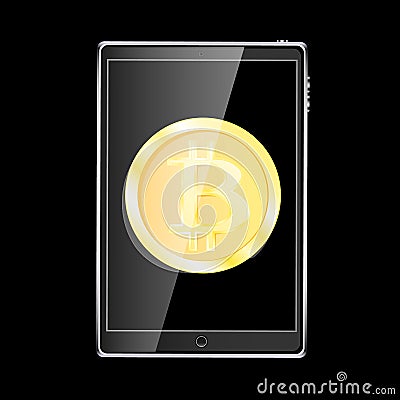 A large black realistic mobile smart touch-sensitive slim tablet computer with a gold coin bitcoin, a crypto-currency on the displ Vector Illustration