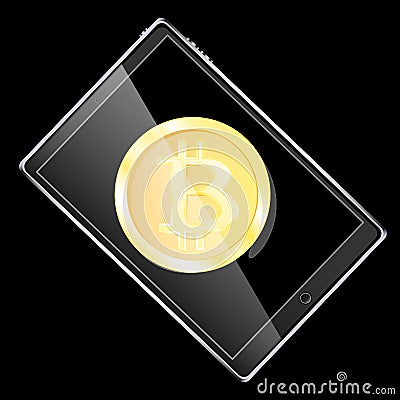 A large black realistic mobile smart touch-sensitive slim tablet computer with a gold coin bitcoin, a crypto-currency on the displ Vector Illustration