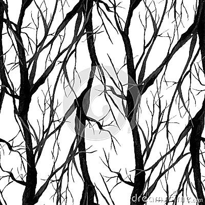 Large black and white branches, seamless pattern, monochrome watercolor illustration, Cartoon Illustration