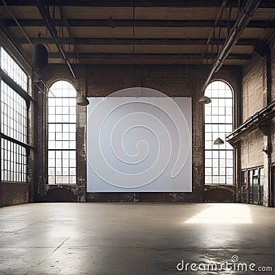 Large blank white board sits in an old factory converted into a contemporary studio Stock Photo