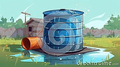 Large blue barrel sitting on top of wooden platform. The barrel appears to be leaking or spilling water out from its Stock Photo