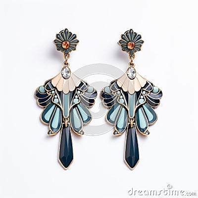 Art Deco Inspired Blue Leaf Earrings With Floral Patterns Stock Photo