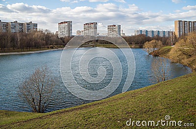 Large Bolshoi OchakovÐ¾ Pond overlooking Ozernaya Street in early spring, Western Administrative District, Moscow, Russia Stock Photo