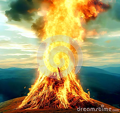 Huge Outdoor Bonfire on mountain Stock Photo
