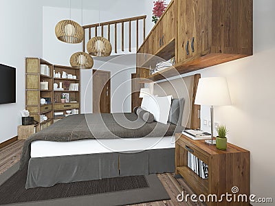 Large bright bedroom in the loft. Stock Photo