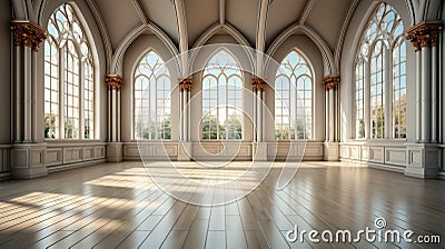 Large bright hall in gothic style. Luxury empty interior Stock Photo